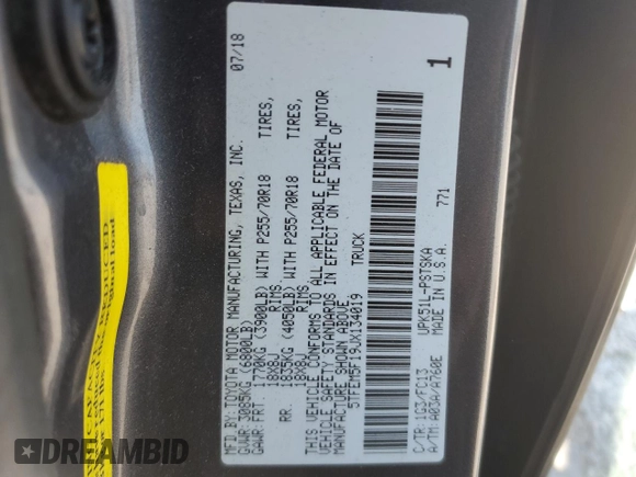 2018 Toyota Tundra 2WD SR5 with VIN 5TFEM5F19JX134019, listed as a Copart auction lot 68264444 with 123,438 mi miles and Salvage Title. Bid and sale history available at carsss.com. Image 12.