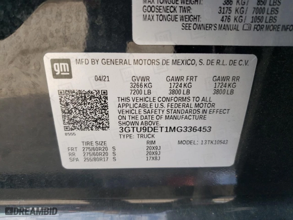 2021 GMC Sierra 1500 SLT with VIN 3GTU9DET1MG336453, listed as a Copart auction lot 43049325 with 60,599 mi miles and Salvage Title. Bid and sale history available at carsss.com. Image 14.