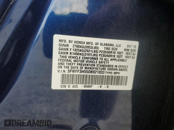 2013 Honda Pilot EX-L с VIN 5FNYF3H55DB021033, выставлен на аукционе Copart как лот 57101585 с пробегом 154 885 миль миль и Списание • Salvage title. История ставок и продаж доступна на DreamBid. Изображение 13.