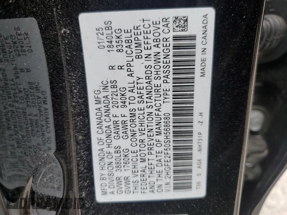 2025 Honda Civic Sport z VIN 2HGFE2F50SH568680, wystawiony jako Copart lot #54126165 z przebiegiem Nie podano mil oraz Szkoda całkowita • Salvage title. Historia ofert i sprzedaży dostępna na DreamBid. Obrazek 12.