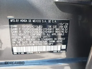 2025 Honda HR-V EX-L with VIN 3CZRZ1H78SM731502, listed as a IAAI auction lot 41447726 with 3,719 mi miles. Bid and sale history available at carsss.com. Image 9.