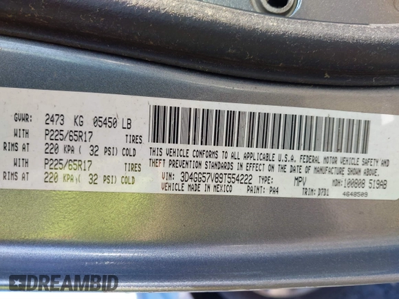 2009 Dodge Journey SXT with VIN 3D4GG57V89T554222, listed as a IAAI auction lot 41832041 with Not Provided miles. Bid and sale history available at carsss.com. Image 9.