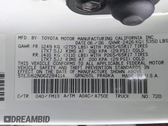 2006 Toyota Tacoma PreRunner z VIN 5TEJU62N06Z284114, wystawiony jako IAAI lot #41285658 z przebiegiem 92 160 mil mil oraz . Historia ofert i sprzedaży dostępna na DreamBid. Obrazek 9.