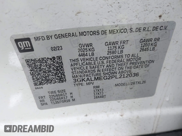 2023 GMC Terrain SLE with VIN 3GKALMEG2PL212036, listed as a IAAI auction lot 41647916 with 130,676 mi miles. Bid and sale history available at carsss.com. Image 9.