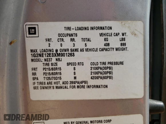 1999 Pontiac Grand Am z VIN 1G2NE12E3XM901263, wystawiony jako Copart lot #55723445 z przebiegiem 163 946 mil mil oraz Szkoda całkowita • Salvage title. Historia ofert i sprzedaży dostępna na DreamBid. Obrazek 12.