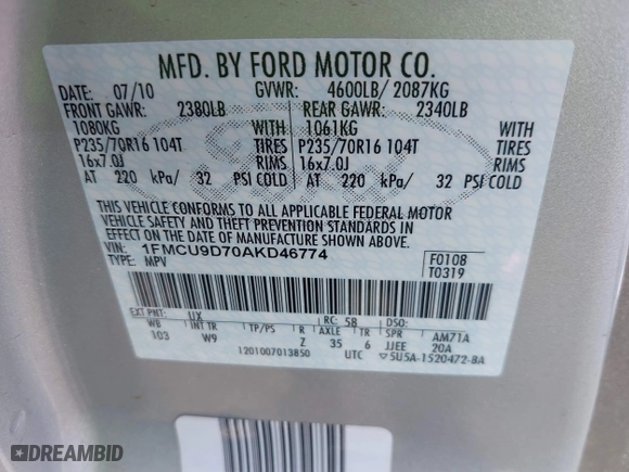 2010 Ford Escape XLT with VIN 1FMCU9D70AKD46774, listed as a IAAI auction lot 41857882 with 93,409 mi miles. Bid and sale history available at carsss.com. Image 9.