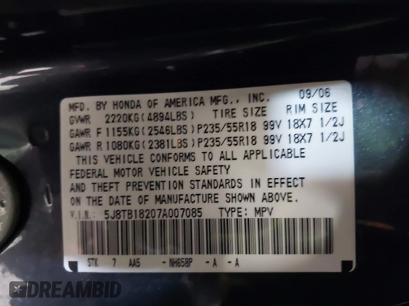 2007 Acura RDX with VIN 5J8TB18207A007085, listed as a IAAI auction lot 42556748 with 303,475 mi miles and . Bid and sale history available at DreamBid. Image 9.