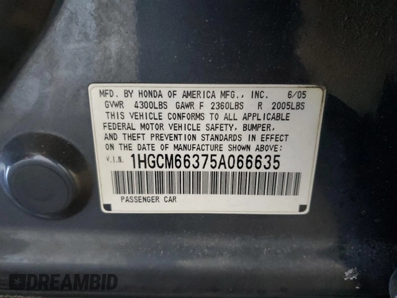 2005 Honda Accord LX with VIN 1HGCM66375A066635, listed as a Copart auction lot 46114795 with 175,620 mi miles and Salvage title. Bid and sale history available at DreamBid. Image 12.