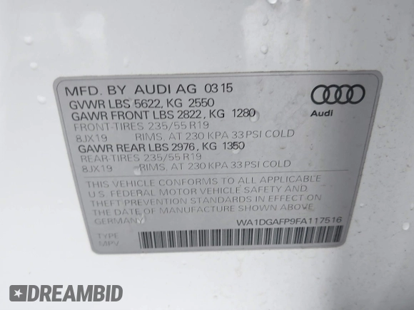 2015 Audi Q5 Premium Plus с VIN WA1DGAFP9FA117516, выставлен на аукционе IAAI как лот 41482588 с пробегом 113 324 миль миль и . История ставок и продаж доступна на DreamBid. Изображение 9.