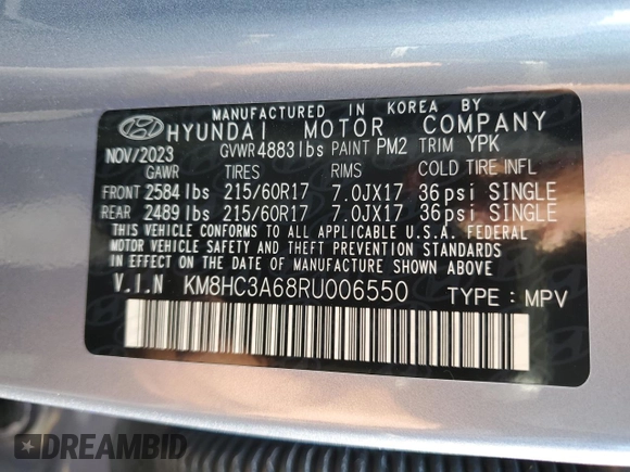 2024 Hyundai Kona SEL with VIN KM8HC3A68RU006550, listed as a Copart auction lot 51911685 with 8,620 mi miles and Salvage Title. Bid and sale history available at DreamBid. Image 13.
