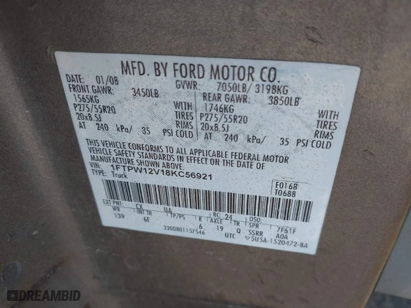 2008 Ford F-150 XLT with VIN 1FTPW12V18KC56921, listed as a IAAI auction lot 41646631 with 276,494 mi miles. Bid and sale history available at carsss.com. Image 9.