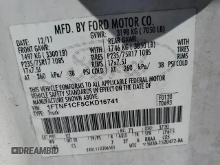 2012 Ford F-150 XL with VIN 1FTNF1CF5CKD16741, listed as a Copart auction lot 53306035 with 336,777 mi miles and Salvage title. Bid and sale history available at DreamBid. Image 14.