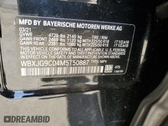 2021 BMW X1 xDrive28i с VIN WBXJG9C04M5T50887, выставлен на аукционе Copart как лот 56631925 с пробегом 31 368 миль миль и Списание • Salvage title. История ставок и продаж доступна на DreamBid. Изображение 13.