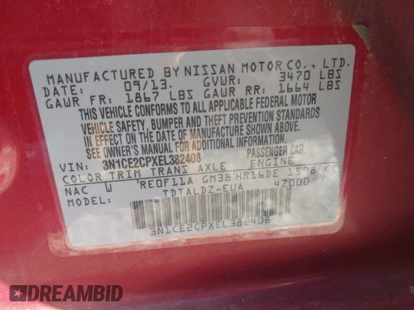 2014 Nissan Note SV with VIN 3N1CE2CPXEL382408, listed as a IAAI auction lot 41399654 with 157,736 mi miles and . Bid and sale history available at DreamBid. Image 9.