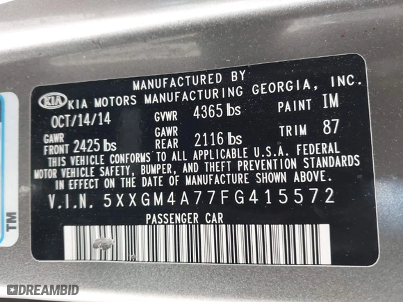 2015 Kia Optima LX with VIN 5XXGM4A77FG415572, listed as a IAAI auction lot 41611627 with 157,836 mi miles. Bid and sale history available at carsss.com. Image 9.