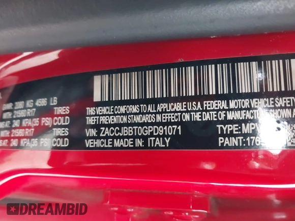2016 Jeep Renegade Latitude with VIN ZACCJBBT0GPD91071, listed as a IAAI auction lot 41620076 with 94,972 mi miles and . Bid and sale history available at DreamBid. Image 9.