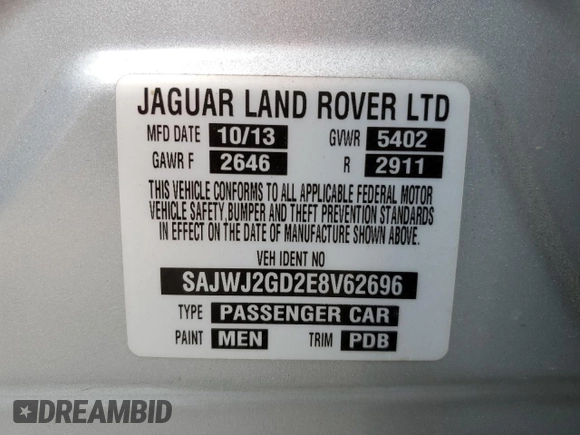 2014 Jaguar XJ Portfolio with VIN SAJWJ2GD2E8V62696, listed as a Copart auction lot 76620494 with 85,487 mi miles and Salvage title. Bid and sale history available at DreamBid. Image 12.
