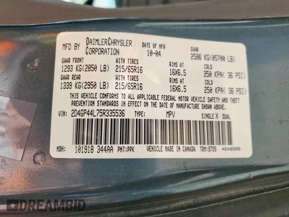 2005 Dodge Caravan SXT with VIN 2D4GP44L75R335536, listed as a Copart auction lot 60933985 with 212,231 mi miles and Salvage title. Bid and sale history available at DreamBid. Image 13.