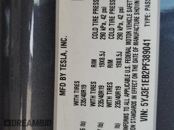 2023 Tesla Model 3 Long Range with VIN 5YJ3E1EB2PF389041, listed as a Copart auction lot 53450725 with 27,060 mi miles and Salvage Title. Bid and sale history available at DreamBid. Image 13.