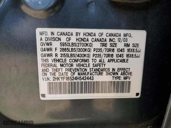 2004 Honda Pilot EX with VIN 2HKYF18524H542443, listed as a Copart auction lot 53093515 with 175,494 mi miles and Salvage Title. Bid and sale history available at carsss.com. Image 13.