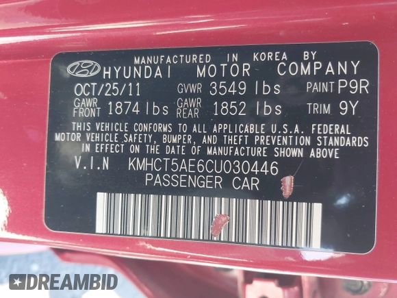 2012 Hyundai Accent GS with VIN KMHCT5AE6CU030446, listed as a IAAI auction lot 42477404 with 186,220 mi miles and . Bid and sale history available at DreamBid. Image 9.