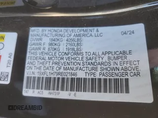 2024 Honda Civic EX-L z VIN 19XFL1H79RE021846, wystawiony jako Copart lot #85976734 z przebiegiem Nie podano mil oraz Szkoda całkowita • Salvage title. Historia ofert i sprzedaży dostępna na DreamBid. Obrazek 13.