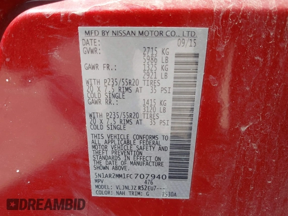 2015 Nissan Pathfinder Platinum z VIN 5N1AR2MM1FC707940, wystawiony jako IAAI lot #42281066 z przebiegiem 109 392 mil mil oraz . Historia ofert i sprzedaży dostępna na DreamBid. Obrazek 9.