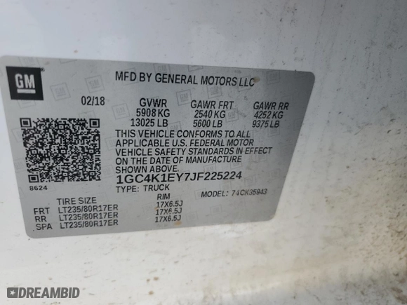 2018 Chevrolet Silverado 3500HD High Country with VIN 1GC4K1EY7JF225224, listed as a Copart auction lot 39800194 with 0 mi miles and Salvage Title. Bid and sale history available at carsss.com. Image 13.