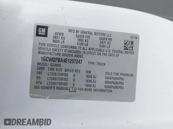 2014 Chevrolet Express Cargo with VIN 1GCWGFBA4E1207247, listed as a IAAI auction lot 42259244 with 169,971 mi miles and . Bid and sale history available at DreamBid. Image 9.