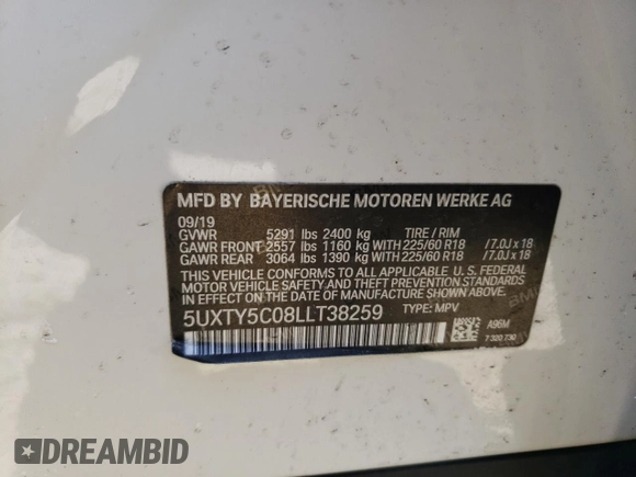 2020 BMW X3 xDrive30i z VIN 5UXTY5C08LLT38259, wystawiony jako Copart lot #42800985 z przebiegiem Nie podano mil oraz Szkody całkowita. Historia ofert i sprzedaży dostępna na DreamBid. Obrazek 13.