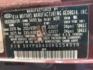 2019 Kia Sorento LX with VIN 5XYPGDA30KG554310, listed as a Copart auction lot 46364225 with 93,722 mi miles and Salvage Title. Bid and sale history available at DreamBid. Image 16.