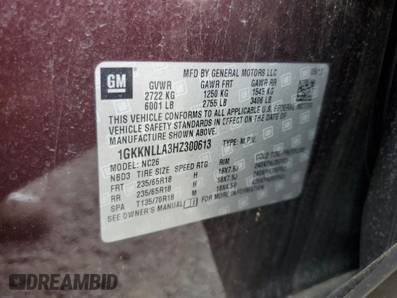 2017 GMC Acadia SLE with VIN 1GKKNLLA3HZ300613, listed as a Copart auction lot 57301565 with 100,311 mi miles and Salvage title. Bid and sale history available at DreamBid. Image 13.