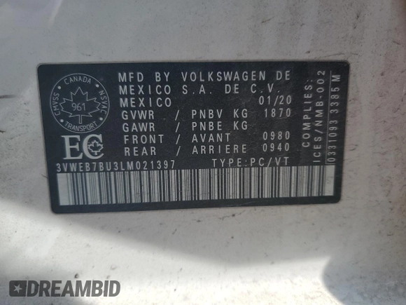 2020 Volkswagen Jetta SEL with VIN 3VWEB7BU3LM021397, listed as a Copart auction lot 57033645 with 141,288 mi miles and Clean title. Bid and sale history available at DreamBid. Image 13.