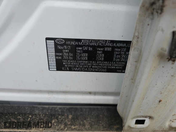 2022 Hyundai Santa Fe SE z VIN 5NMS1DAJ0NH412060, wystawiony jako Copart lot #59528605 z przebiegiem Nie podano mil oraz Czysty tytuł • Clean title. Historia ofert i sprzedaży dostępna na DreamBid. Obrazek 10.