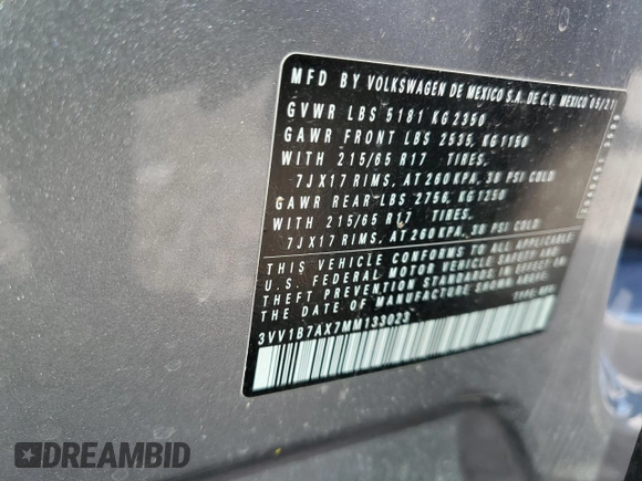 2021 Volkswagen Tiguan S with VIN 3VV1B7AX7MM133023, listed as a Copart auction lot 55229545 with 57,228 mi miles and Salvage title. Bid and sale history available at DreamBid. Image 14.