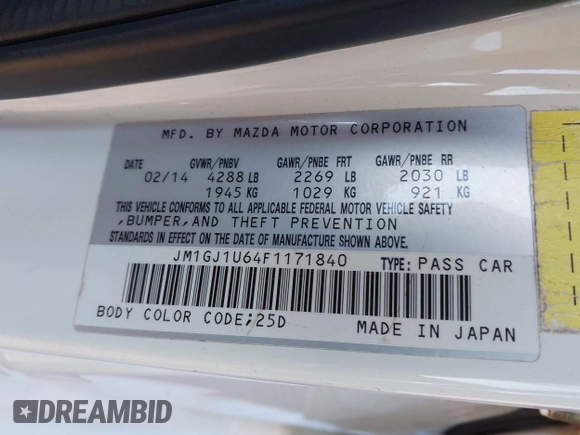 2015 Mazda 6 i Sport with VIN JM1GJ1U64F1171840, listed as a IAAI auction lot 41410088 with 129,691 mi miles and . Bid and sale history available at DreamBid. Image 9.