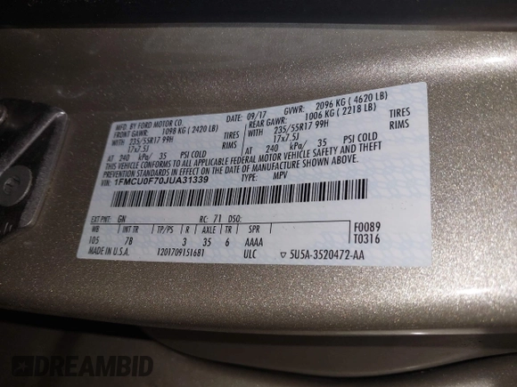 2018 Ford Escape S with VIN 1FMCU0F70JUA31339, listed as a IAAI auction lot 42216501 with 43,957 mi miles and . Bid and sale history available at DreamBid. Image 9.