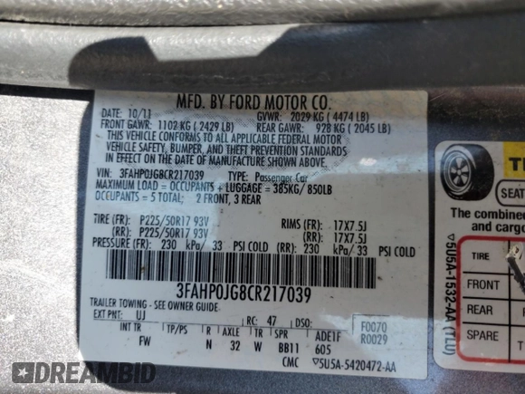 2012 Ford Fusion SEL with VIN 3FAHP0JG8CR217039, listed as a Copart auction lot 52078065 with 153,506 mi miles and Salvage Title. Bid and sale history available at carsss.com. Image 12.