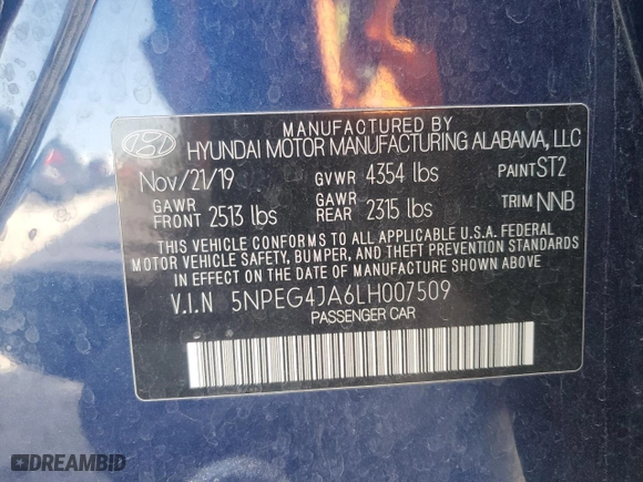 2020 Hyundai Sonata SE with VIN 5NPEG4JA6LH007509, listed as a Copart auction lot 48069405 with 95,001 mi miles and Salvage Title. Bid and sale history available at carsss.com. Image 13.