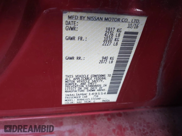 2017 Nissan Altima SV with VIN 1N4AL3AP6HC149554, listed as a IAAI auction lot 41096549 with 92,059 mi miles and . Bid and sale history available at carsss.com. Image 9.