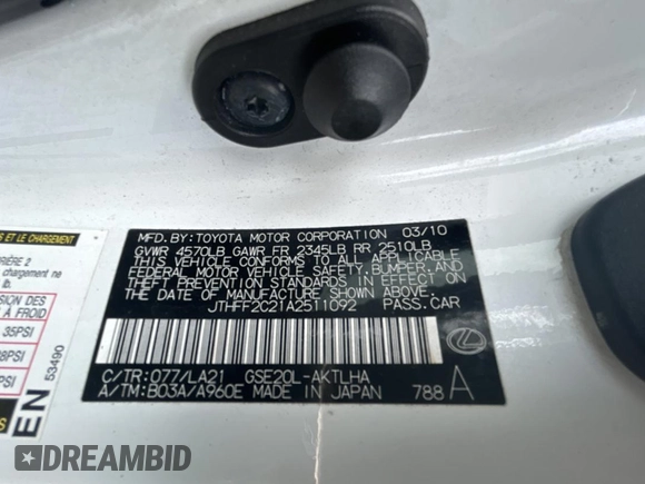 2010 Lexus IS 250 C z VIN JTHFF2C21A2511092, wystawiony jako Copart lot #59193075 z przebiegiem 192 550 mil mil oraz Czysty tytuł • Clean title. Historia ofert i sprzedaży dostępna na DreamBid. Obrazek 10.