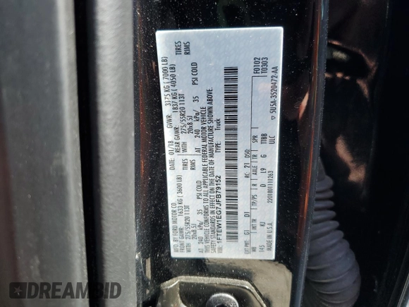 2018 Ford F-150 XL with VIN 1FTEW1EG7JFB79152, listed as a Copart auction lot 51758235 with 160,559 mi miles and Salvage Title. Bid and sale history available at carsss.com. Image 12.