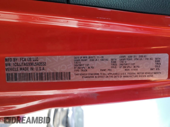 2021 Jeep Gladiator Sport S with VIN 1C6JJTAGXML540532, listed as a Copart auction lot 48422645 with 97,372 mi miles and Salvage title. Bid and sale history available at DreamBid. Image 12.