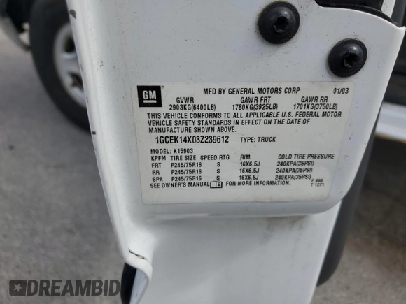 2003 Chevrolet Silverado 1500 Work Truck with VIN 1GCEK14X03Z239612, listed as a Copart auction lot 51848315 with 245,172 mi miles and Salvage Title. Bid and sale history available at DreamBid. Image 12.