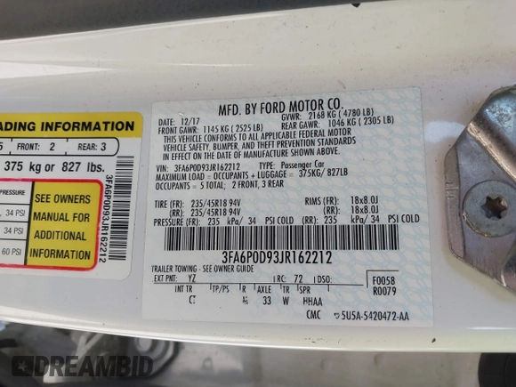 2018 Ford Fusion Titanium with VIN 3FA6P0D93JR162212, listed as a IAAI auction lot 41767723 with 134,010 mi miles and . Bid and sale history available at DreamBid. Image 9.