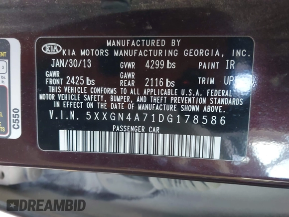 2013 Kia Optima EX with VIN 5XXGN4A71DG178586, listed as a IAAI auction lot 42171185 with 148,391 mi miles. Bid and sale history available at carsss.com. Image 9.