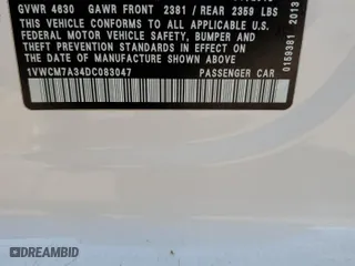 2013 Volkswagen Passat SEL Premium with VIN 1VWCM7A34DC083047, listed as a Copart auction lot 75218054 with 0 mi miles and Salvage Title. Bid and sale history available at carsss.com. Image 12.