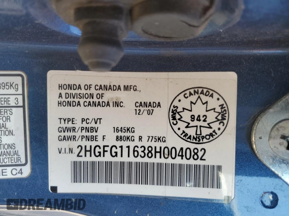 2008 Honda Civic Cpe LX with VIN 2HGFG11638H004082, listed as a Copart auction lot 54259395 with 274,929 mi miles and Salvage Title. Bid and sale history available at carsss.com. Image 12.