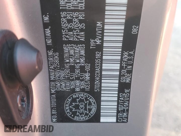 2010 Toyota Sienna with VIN 5TDZK4CCXAS335182, listed as a Copart auction lot 73518054 with 180,248 mi miles and Clean Title. Bid and sale history available at DreamBid. Image 13.