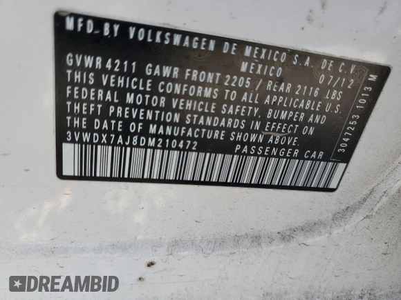 2013 Volkswagen Jetta SE with VIN 3VWDX7AJ8DM210472, listed as a Copart auction lot 44697165 with 132,736 mi miles and Salvage title. Bid and sale history available at DreamBid. Image 12.